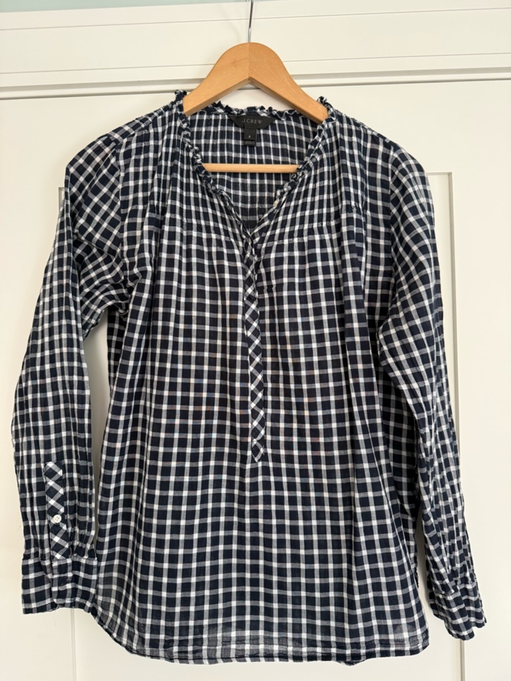 J. Crew Navy and White Windowpane Checked Button Popover Size 6 Long Sleeve